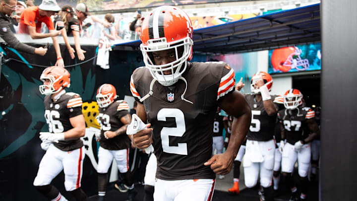 Sep 15, 2024; Jacksonville, Florida, USA;  Cleveland Browns wide receiver Amari Cooper (2) runs onto the field before a game against the Jacksonville Jaguars at EverBank Stadium.