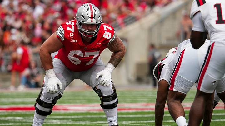Ohio State Buckeyes offensive lineman Austin Siereveld (67) lines up during the NCAA football game against the Ball State Cardinals at Ohio Stadium in Columbus on Sept. 5, 2026. Ohio State Buckeyes offensive lineman Austin Siereveld (67) lines up during the NCAA football game against the Ball State Cardinals at Ohio Stadium in Columbus on Sept. 5, 2026.