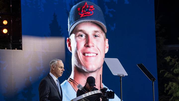 Jul 9, 2023; Seattle, Washington, USA; MLB Commissioner Rob Manfred announces Minnesota Twins draft pick Walk Jenkins during the first round 
