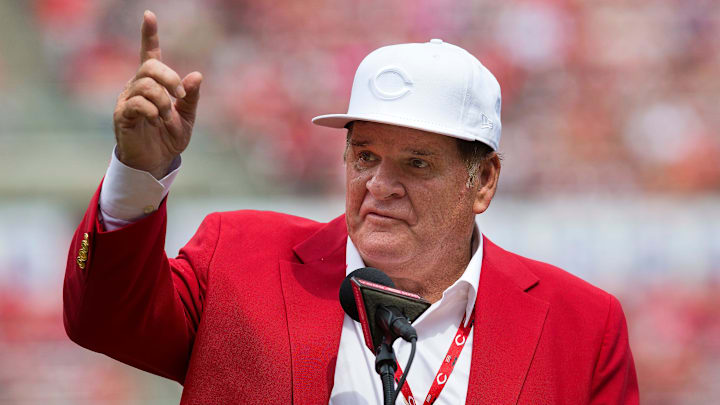 Cincinnati Reds hall of famer Pete Rose speaks during a pregame ceremony for the unveiling of Pete Rose's bronze statue being installed outside the stadium before the MLB National League game between the Cincinnati Reds and the Los Angeles Dodgers at Great American Ball Park in downtown Cincinnati on Saturday, June 17, 2017. Cincinnati Reds hall of famer Pete Rose speaks during a pregame ceremony for the unveiling of Pete Rose's bronze statue being installed outside the stadium before the MLB National League game between the Cincinnati Reds and the Los Angeles Dodgers at Great American Ball Park in downtown Cincinnati on Saturday, June 17, 2017.