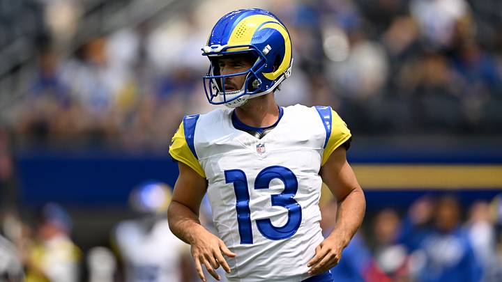 Aug 22, 2026; Inglewood, California, USA;  Los Angeles Rams quarterback Stetson Bennett IV (13) reacts during the first quarter against the New Orleans Saints at SoFi Stadium.  Mandatory Credit: Griffin Hooper-Imagn Images