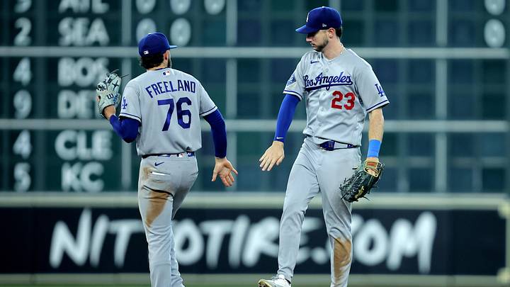 May 6, 2026; Houston, Texas, USA; Los Angeles Dodgers second baseman Alex Freeland (76) is congratulated by right fielder Kyle Tucker (23) after the final out against the Houston Astros during the ninth inning at Daikin Park. Mandatory Credit: Erik Williams-Imagn Images
May 6, 2026; Houston, Texas, USA; Los Angeles Dodgers second baseman Alex Freeland (76) is congratulated by right fielder Kyle Tucker (23) after the final out against the Houston Astros during the ninth inning at Daikin Park. Mandatory Credit: Erik Williams-Imagn Images