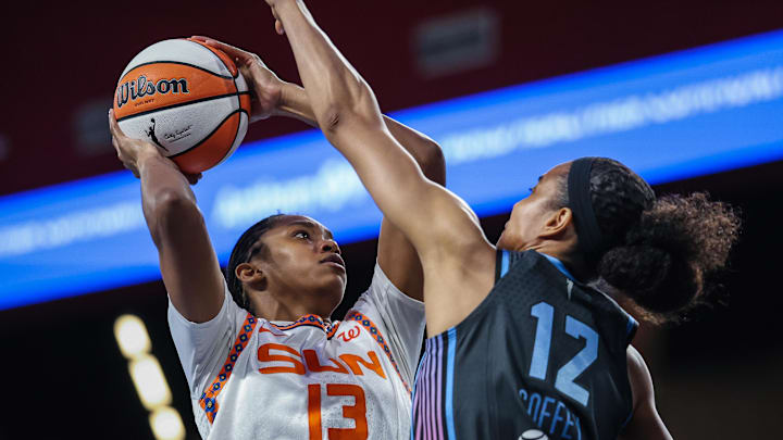 Connecticut Sun center Rayah Marshall (13) shoots the ball against Atlanta Dream forward Nia Coffey (12) during the fourth quarter at Gateway Center Arena at College Park. 