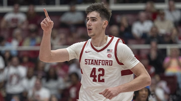 Mar 1, 2025; Stanford, California, USA;  Stanford Cardinal forward Maxime Raynaud (42) signals during the second half against the Southern Methodist Mustangs at Maples Pavilion. Mandatory Credit: Stan Szeto-Imagn Images
