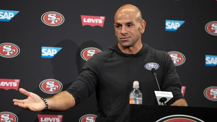 Jul 24, 2025; Santa Clara, CA, USA; San Francisco 49ers defensive coordinator Robert Saleh answers questions from reporters following the second day of training camp. Mandatory Credit: D. Ross Cameron-Imagn Images