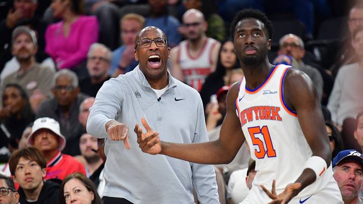 Mar 9, 2026; Inglewood, California, USA; New York Knicks head coach Mike Brown watches game action as forward Mohamed Diawara (51) reacts during the second half at Intuit Dome. Mandatory Credit: Gary A. Vasquez-Imagn Images Mar 9, 2026; Inglewood, California, USA; New York Knicks head coach Mike Brown watches game action as forward Mohamed Diawara (51) reacts during the second half at Intuit Dome. Mandatory Credit: Gary A. Vasquez-Imagn Images