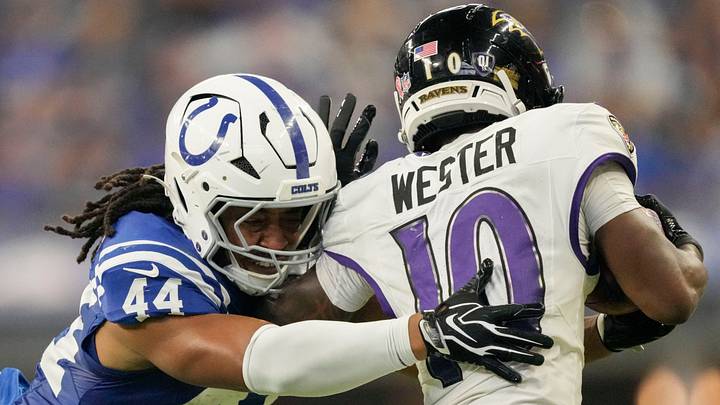 Indianapolis Colts linebacker Tahj Chambers (44) tackles Baltimore Ravens wide receiver LaJohntay Wester (10) on Sunday, Sept. 13, 2026, during a game against the Baltimore Ravens at Lucas Oil Stadium in Indianapolis. Indianapolis Colts linebacker Tahj Chambers (44) tackles Baltimore Ravens wide receiver LaJohntay Wester (10) on Sunday, Sept. 13, 2026, during a game against the Baltimore Ravens at Lucas Oil Stadium in Indianapolis.