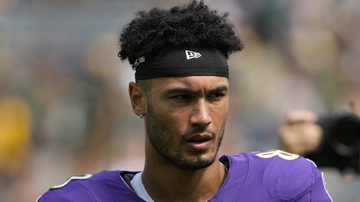 Aug 24, 2024; Green Bay, Wisconsin, USA; Baltimore Ravens tight end Qadir Ismail (83) during warmups prior to the game against the Green Bay Packers at Lambeau Field. Mandatory Credit: Jeff Hanisch-Imagn Images Aug 24, 2024; Green Bay, Wisconsin, USA; Baltimore Ravens tight end Qadir Ismail (83) during warmups prior to the game against the Green Bay Packers at Lambeau Field. Mandatory Credit: Jeff Hanisch-Imagn Images