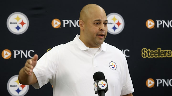 Jul 27, 2023; Latrobe, PA, USA;  Pittsburgh Steelers general manager Omar Khan addresses the media prior to the start of training camp at Saint Vincent College. Mandatory Credit: Charles LeClaire-Imagn Images