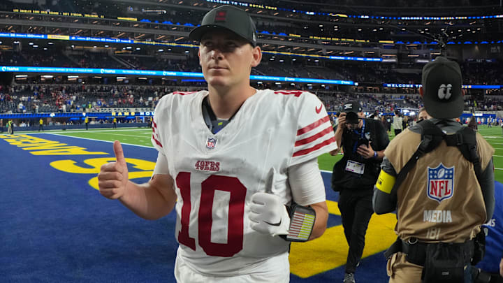 Oct 2, 2025; Inglewood, California, USA; San Francisco 49ers quarterback Mac Jones (10) reacts after the game against the Los Angeles Rams at SoFi Stadium. Mandatory Credit: Kirby Lee-Imagn Images