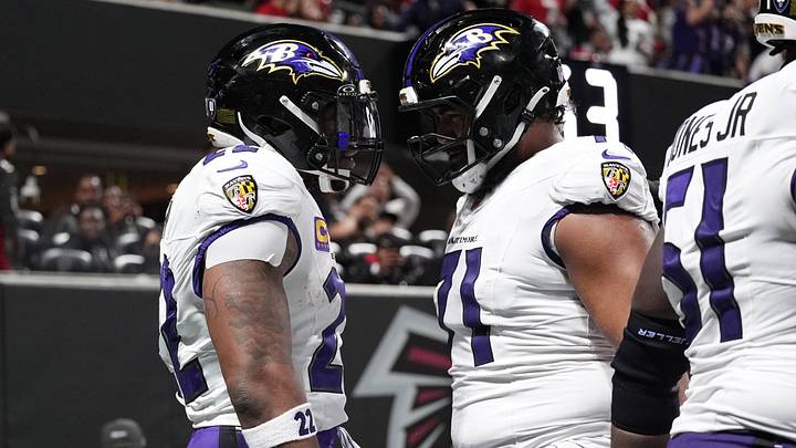 Oct 11, 2026; Atlanta, Georgia, USA; Baltimore Ravens running back Derrick Henry (22) celebrates with guard Vega Ioane (71) after scoring a touchdown during the third quarter against the Atlanta Falcons at Mercedes-Benz Stadium. Mandatory Credit: Dale Zanine-Imagn Images Oct 11, 2026; Atlanta, Georgia, USA; Baltimore Ravens running back Derrick Henry (22) celebrates with guard Vega Ioane (71) after scoring a touchdown during the third quarter against the Atlanta Falcons at Mercedes-Benz Stadium. Mandatory Credit: Dale Zanine-Imagn Images