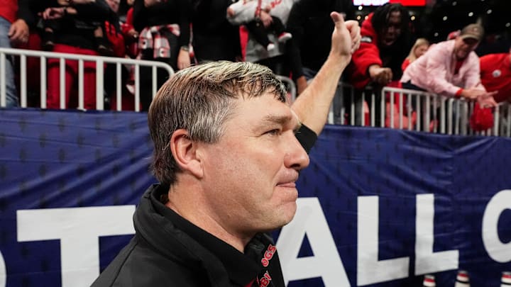 Georgia coach Kirby Smart celebrates after the winning the SEC championship game against Texas in Atlanta, on Saturday, Dec. 7, 2024. Georgia won 22-19.