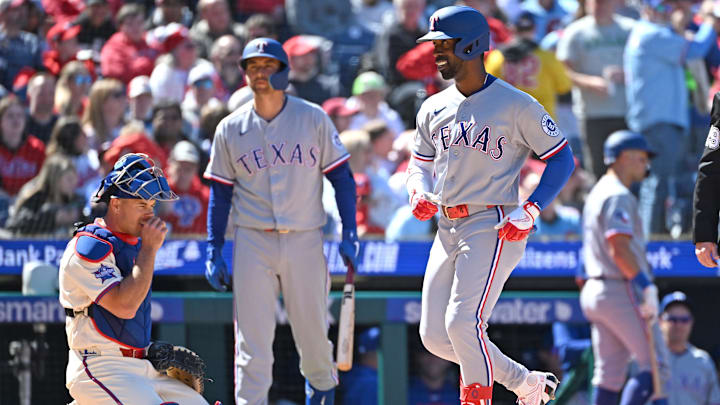 Mar 29, 2026; Philadelphia, Pennsylvania, USA; Texas Rangers center fielder Andrew McCutchen (4) celebrates his three run home run against the Philadelphia Phillies during the third inning at Citizens Bank Park. Mandatory Credit: Eric Hartline-Imagn Images Mar 29, 2026; Philadelphia, Pennsylvania, USA; Texas Rangers center fielder Andrew McCutchen (4) celebrates his three run home run against the Philadelphia Phillies during the third inning at Citizens Bank Park. Mandatory Credit: Eric Hartline-Imagn Images