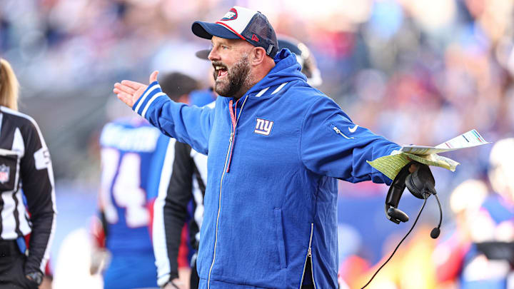 Nov 3, 2024; East Rutherford, New Jersey, USA; New York Giants head coach Brian Daboll reacts to an offensive pass interference call negating a Giants touchdown during the second half against the Washington Commanders at MetLife Stadium. Mandatory Credit: Vincent Carchietta-Imagn Images