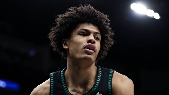 Feb 22, 2026; Minneapolis, Minnesota, USA; Minnesota Timberwolves forward Joan Beringer (19) looks on during the second half against the Philadelphia 76ers at Target Center. Mandatory Credit: Matt Krohn-Imagn Images