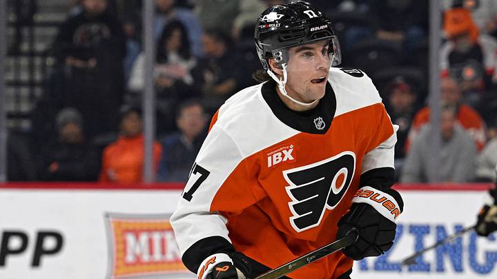 Oct 16, 2025; Philadelphia, Pennsylvania, USA; Philadelphia Flyers center Jett Luchanko (17) against the Winnipeg Jets at Wells Fargo Center. 