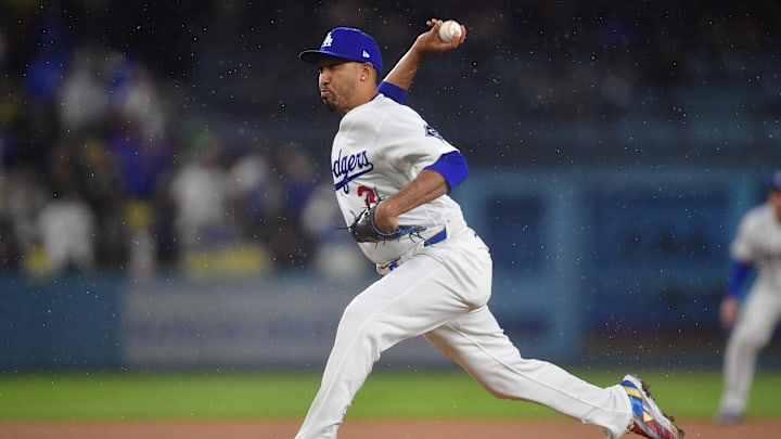 Mar 31, 2026; Los Angeles, California, USA; Los Angeles Dodgers pitcher Edwin Diaz (3) throws against the Cleveland Guardians during the ninth inning at Dodger Stadium. Mandatory Credit: Gary A. Vasquez-Imagn Images