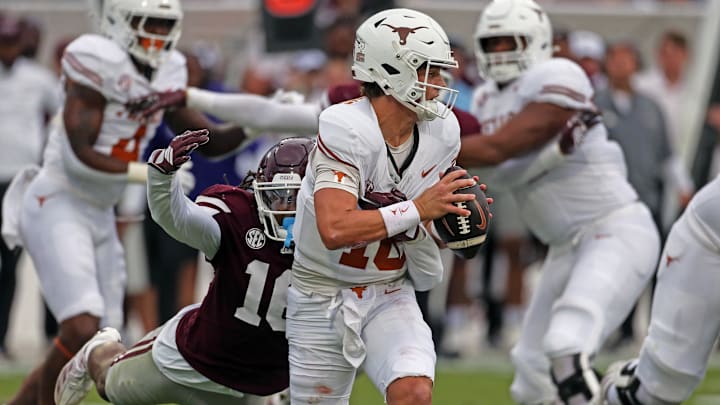 Oct 25, 2025; Starkville, Mississippi, USA; Mississippi State Bulldogs linebacker Derion Gullette (16) sacks Texas Longhorns quarterback Arch Manning (16) during the first quarter. Oct 25, 2025; Starkville, Mississippi, USA; Mississippi State Bulldogs linebacker Derion Gullette (16) sacks Texas Longhorns quarterback Arch Manning (16) during the first quarter.