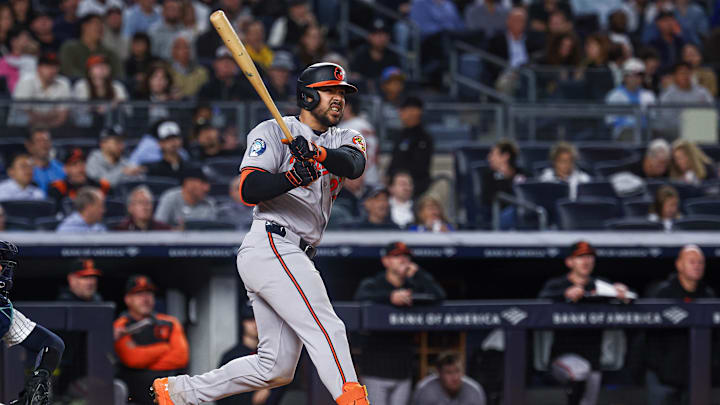 Sep 24, 2024; Bronx, New York, USA; Baltimore Orioles right fielder Anthony Santander (25) hits a solo home run during the sixth inning against the New York Yankees at Yankee Stadium.