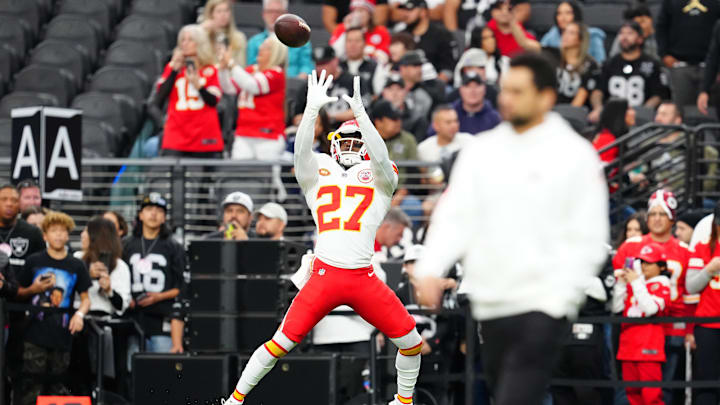 Nov 26, 2023; Paradise, Nevada, USA; Kansas City Chiefs wide receiver Nikko Remigio (27) warms up before a game against the Las Vegas Raiders at Allegiant Stadium. Mandatory Credit: Stephen R. Sylvanie-USA TODAY Sports