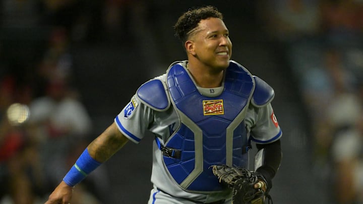 Sep 23, 2025; Anaheim, California, USA;  Kansas City Royals catcher Salvador Perez (13) smiles after catching a pop foul during the third inning against the Los Angeles Angels at Angel Stadium. Mandatory Credit: Jayne Kamin-Oncea-Imagn Images