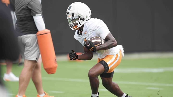 Tennessee wide receiver Mike Matthews (4) during Tennessee football preseason practice, in Knoxville, Tennessee, July 31, 2025.