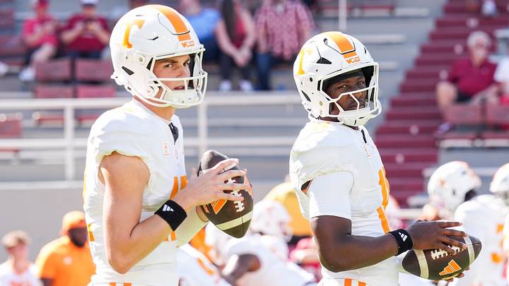 Tennessee quarterback George MacIntyre (12) and Tennessee quarterback Faizon Brandon (11) before a college football game between Tennessee and Arkansas at Donald W. Reynolds Razorback Stadium in Fayetteville, Ark., on Oct. 10, 2026. Tennessee quarterback George MacIntyre (12) and Tennessee quarterback Faizon Brandon (11) before a college football game between Tennessee and Arkansas at Donald W. Reynolds Razorback Stadium in Fayetteville, Ark., on Oct. 10, 2026.