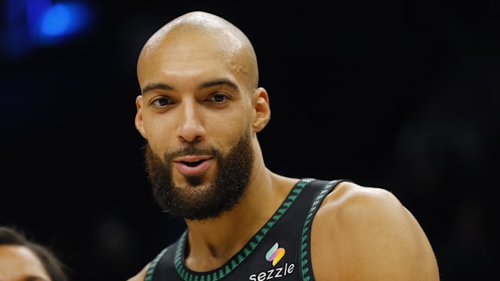 Jan 6, 2026; Minneapolis, Minnesota, USA; Minnesota Timberwolves center Rudy Gobert (27) talks with a reporter after the game with the Miami Heat at Target Center. Mandatory Credit: Bruce Kluckhohn-Imagn Images