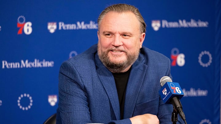 Dec 15, 2023; Philadelphia, Pennsylvania, USA; Philadelphia 76ers resident of Basketball Operations Daryl Morey speaks with the media before a game against the Detroit Pistons at Wells Fargo Center. Mandatory Credit: Bill Streicher-Imagn Images Dec 15, 2023; Philadelphia, Pennsylvania, USA; Philadelphia 76ers resident of Basketball Operations Daryl Morey speaks with the media before a game against the Detroit Pistons at Wells Fargo Center. Mandatory Credit: Bill Streicher-Imagn Images