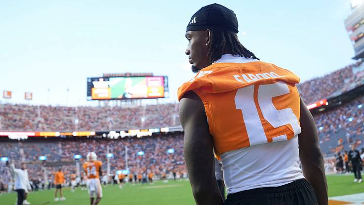 Tennessee defensive back Edrees Farooq (15) watches teammates warm up before the start of the college football game against Kennesaw State on Sept. 19, 2026, in Knoxville, Tennessee.