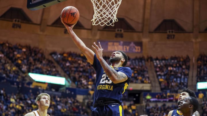 Feb 9, 2019; Morgantown, WV, USA; West Virginia Mountaineers forward Esa Ahmad (23) shoots during the second half against the Texas Longhorns at WVU Coliseum. Mandatory Credit: Ben Queen-USA TODAY Sports