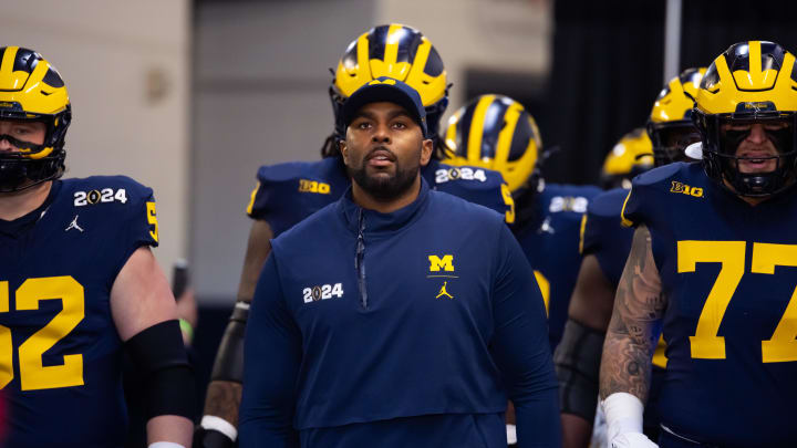 Jan 8, 2024; Houston, TX, USA; Michigan Wolverines offensive coordinator Sherrone Moore against the Washington Huskies during the 2024 College Football Playoff national championship game at NRG Stadium. Mandatory Credit: Mark J. Rebilas-USA TODAY Sports