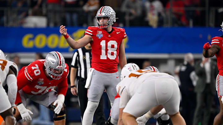 Jan 10, 2025; Arlington, TX, USA; Ohio State Buckeyes quarterback Will Howard (18) in action during the game between the Texas Longhorns and the Ohio State Buckeyes at AT&T Stadium. Mandatory Credit: Jerome Miron-Imagn Images Jan 10, 2025; Arlington, TX, USA; Ohio State Buckeyes quarterback Will Howard (18) in action during the game between the Texas Longhorns and the Ohio State Buckeyes at AT&T Stadium. Mandatory Credit: Jerome Miron-Imagn Images