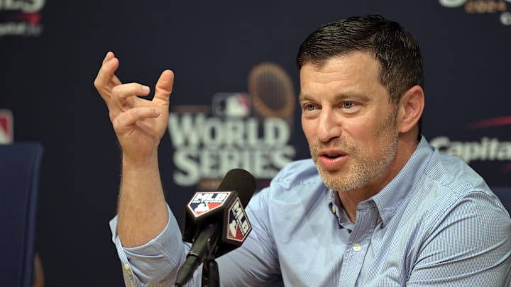 Oct 25, 2024; Los Angeles, California, USA; Los Angeles Dodgers president of baseball operations Andrew Friedman speaks in a press conference before game one against the New York Yankees in the 2024 MLB World Series at Dodger Stadium. Mandatory Credit: Jayne Kamin-Oncea-Imagn Images
