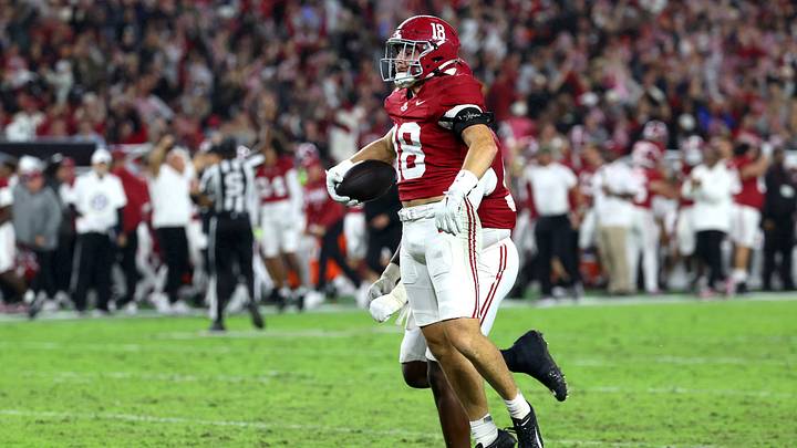 Oct 10, 2026; Tuscaloosa, Alabama, USA; Alabama Crimson Tide defensive back Bray Hubbard (18) celebrates his interception during the second quarter against the Georgia Bulldogs at Saban Field at Bryant-Denny Stadium. Mandatory Credit: David Leong-Imagn Images Oct 10, 2026; Tuscaloosa, Alabama, USA; Alabama Crimson Tide defensive back Bray Hubbard (18) celebrates his interception during the second quarter against the Georgia Bulldogs at Saban Field at Bryant-Denny Stadium. Mandatory Credit: David Leong-Imagn Images