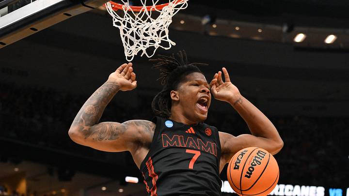 Mar 22, 2026; St. Louis, MO, USA; Miami Hurricanes forward Shelton Henderson (7) reacts after a dunk during the first half against the Purdue Boilermakers during a second round game of the men's 2026 NCAA Tournament at Enterprise Center. Mandatory Credit: Jeff Curry-Imagn Images