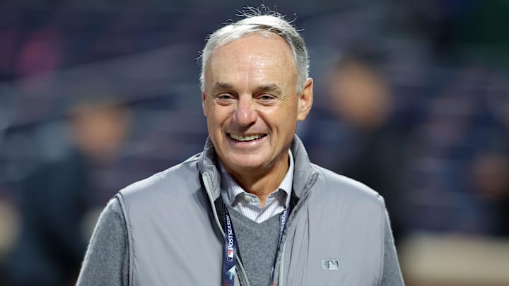 Oct 16, 2024; New York City, New York, USA; MLB Commissioner Rob Manfred before game three of the NLCS for the 2024 MLB playoffs at Citi Field. Mandatory Credit: Brad Penner-Imagn Images Oct 16, 2024; New York City, New York, USA; MLB Commissioner Rob Manfred before game three of the NLCS for the 2024 MLB playoffs at Citi Field. Mandatory Credit: Brad Penner-Imagn Images