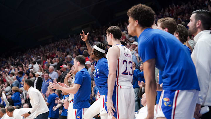 Jan 22, 2024; Lawrence, Kansas, USA; Kansas Jayhawks players celebrate against the Cincinnati Bearcats