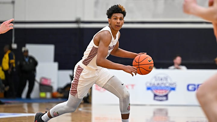 Apr 7, 2023; Washington, DC, USA; Sidwell Friends (DC) guard Acaden Lewis (20) handles the ball during the first quarter against Corner Canyon (UT) at Georgetown University. Mandatory Credit: Reggie Hildred-Imagn Images