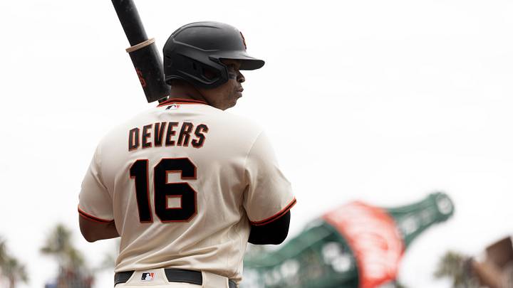Apr 26, 2026; San Francisco, California, USA; San Francisco Giants first baseman Rafael Devers (16) awaits his turn at bat against the Miami Marlins during the first inning at Oracle Park. Mandatory Credit: D. Ross Cameron-Imagn Images
