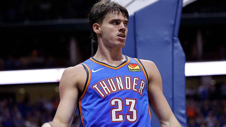 Oct 6, 2026; Tulsa, Oklahoma, USA; Oklahoma City Thunder guard Brooks Barnhizer (23) reacts after a play against the New Orleans Pelicans during the second half at BOK Center. Mandatory Credit: Alonzo Adams-Imagn Images