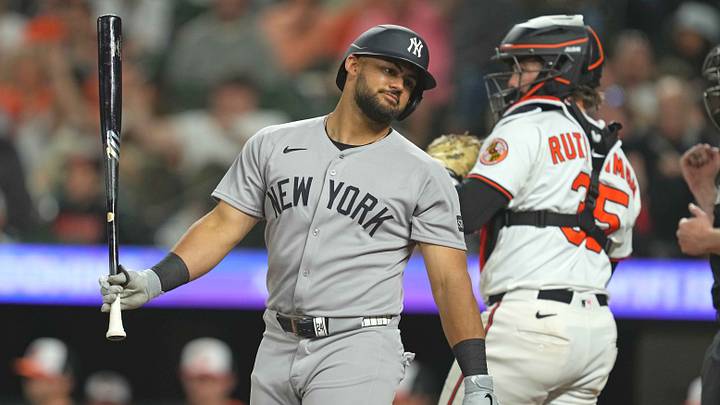 Apr 28, 2025; Baltimore, Maryland, USA; New York Yankees designated hitter Jason Dominguez (24) reacts after striking out during the eighth inning against the Baltimore Orioles at Oriole Park at Camden Yards. Mandatory Credit: Mitch Stringer-Imagn Images Apr 28, 2025; Baltimore, Maryland, USA; New York Yankees designated hitter Jason Dominguez (24) reacts after striking out during the eighth inning against the Baltimore Orioles at Oriole Park at Camden Yards. Mandatory Credit: Mitch Stringer-Imagn Images
