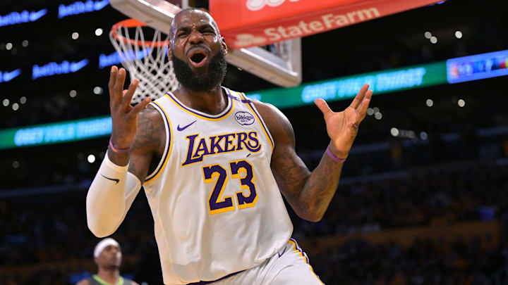 Apr 19, 2025; Los Angeles, California, USA; Los Angeles Lakers forward LeBron James (23) reacts after missing a pass in the first quarter against the Minnesota Timberwolves at Crypto.com Arena. Mandatory Credit: Jayne Kamin-Oncea-Imagn Images Apr 19, 2025; Los Angeles, California, USA; Los Angeles Lakers forward LeBron James (23) reacts after missing a pass in the first quarter against the Minnesota Timberwolves at Crypto.com Arena. Mandatory Credit: Jayne Kamin-Oncea-Imagn Images