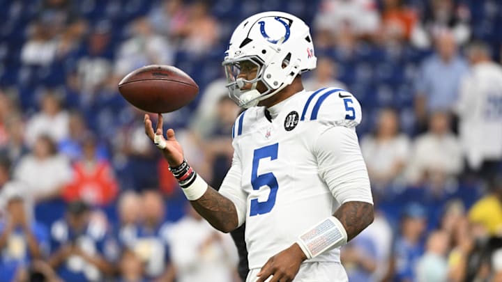 Sep 14, 2025; Indianapolis, Indiana, USA; Indianapolis Colts quarterback Anthony Richardson Sr. (5) warms up prior to the game against the Denver Broncos at Lucas Oil Stadium. 