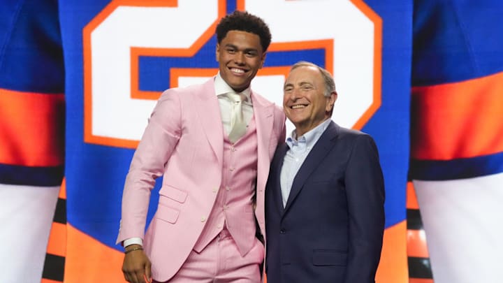 Jun 27, 2025; Los Angeles, California, USA; Kashawn Aitcheson is selected as the 17th overall pick to the New York Islanders in the first round of the 2025 NHL Draft at Peacock Theater. Mandatory Credit: Kirby Lee-Imagn Images