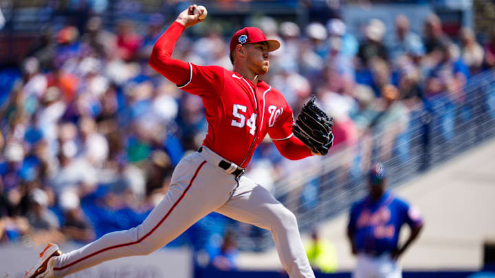 Mar 14, 2023; Port St. Lucie, Florida, USA; Washington Nationals starting pitcher Cade Cavalli (54) throws a pitch against the New York Mets during the first inning at Clover Park. Mar 14, 2023; Port St. Lucie, Florida, USA; Washington Nationals starting pitcher Cade Cavalli (54) throws a pitch against the New York Mets during the first inning at Clover Park.