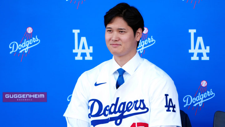 Dodgers star Shohei Ohtani is introduced at a press conference at Dodger Stadium in December.