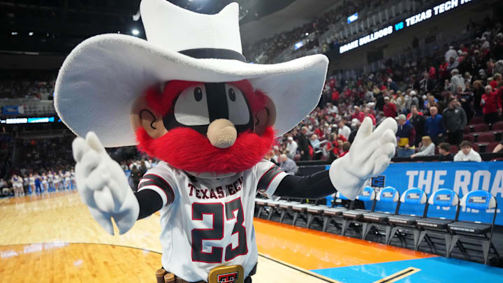 Mar 22, 2025; Wichita, KS, USA; Texas Tech Red Raiders mascot Raider Red gestures on the court before the game between the Texas Tech Red Raiders and the Drake Bulldogs at Intrust Bank Arena. Mandatory Credit: Kirby Lee-Imagn Images
