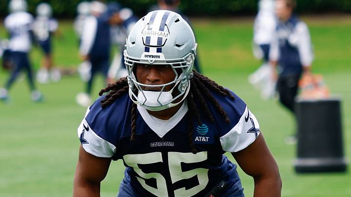 Dallas Cowboys linebacker Jaishawn Barham goes through a drill during practice at the Ford Center at the Star Training Facility Dallas Cowboys linebacker Jaishawn Barham goes through a drill during practice at the Ford Center at the Star Training Facility