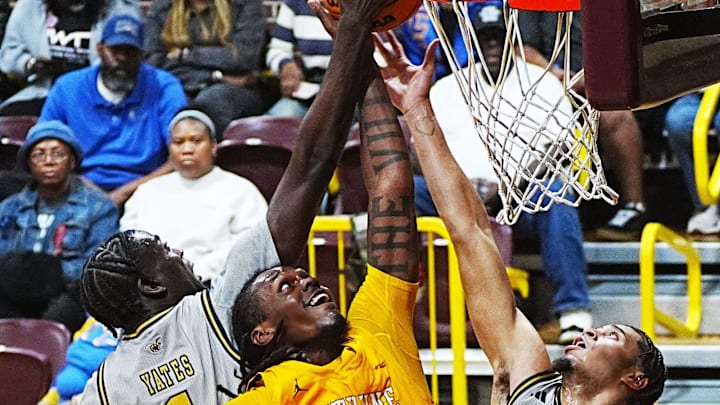 Bethune-Cookman’s Quentin Heady (5) goes up for a layup in traffic against Alabama State, Thursday, Feb. 19, 2026 at Moore Gymnasium.